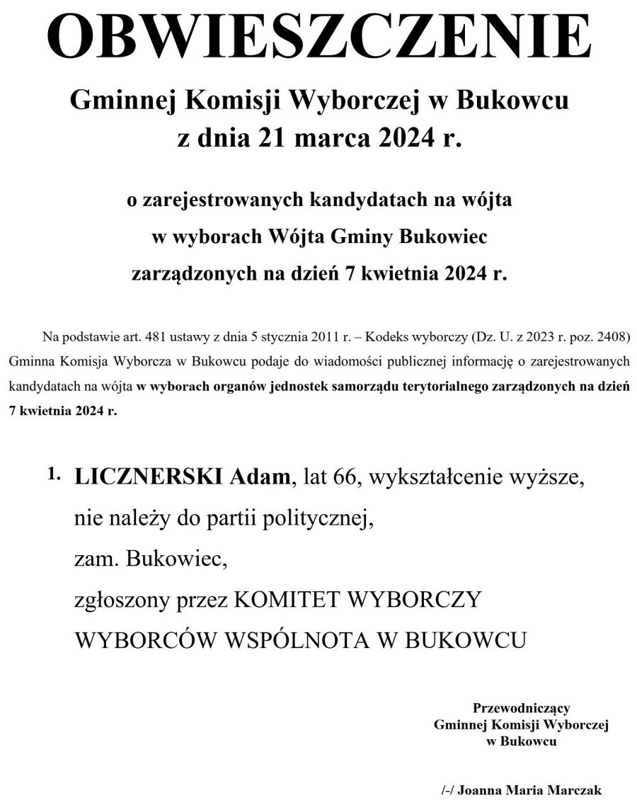 Obwieszczenie o zarejestrowanych kandydatach na Wójta Gminy Bukowiec1.jpeg